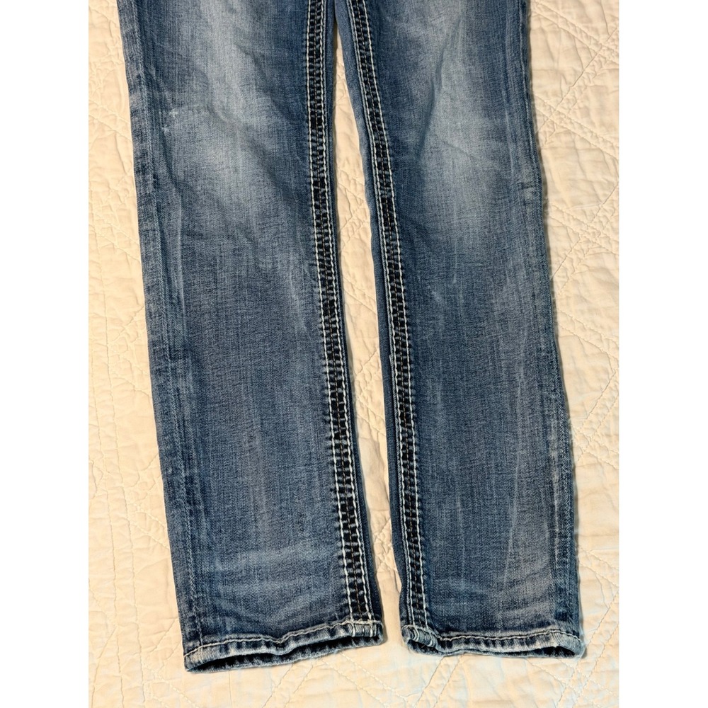 Rock Revival Shaina Mid-Rise Skinny Jeans Blue Fleur De Lis Rhinestone Size 29 - Picture 6 of 13